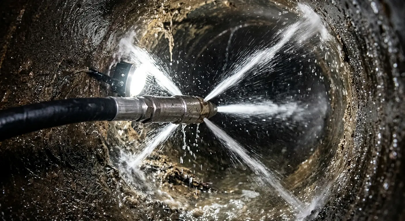 High-pressure hydro jetting nozzle cleaning sewer pipe for Emergency Drain Service in Ridge Wood Heights