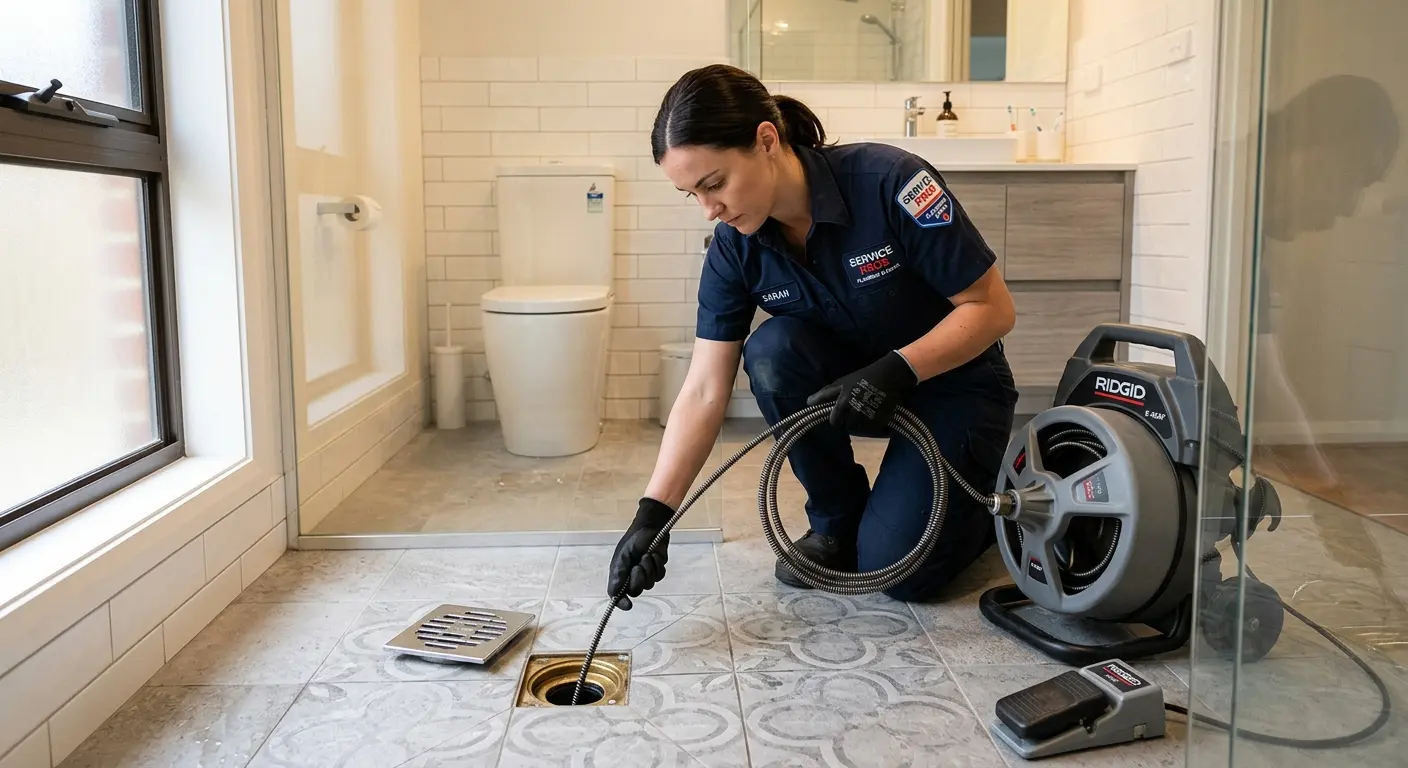 Technician clearing a bathroom floor drain for Drain Repair in Ridge Wood Heights
